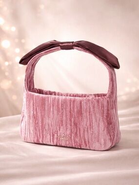 Kate Spade Crushed Velvet Baguette Pomegranate Pink Handbag With Bow MSRP $329